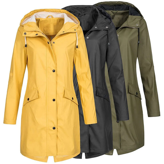 (X102) Hooded Women's Solid Color Rain Jackets,Long,Warm, Waterproof,WindProof,(Women's Plus Sizes Available).