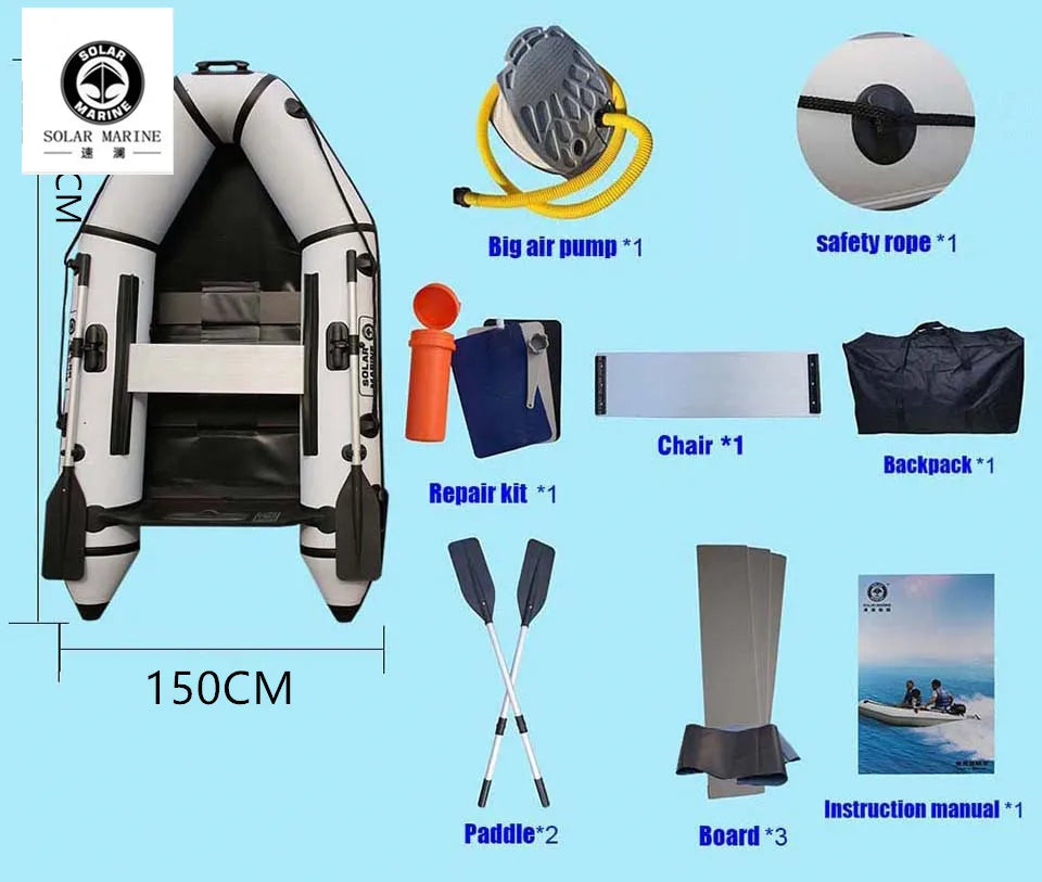 (W110) SolarMarine PVC Inflatable Assault Speed Boat With Wooden Floor,+Accessories, 3Person,0.9mm,For Sea Fishing.