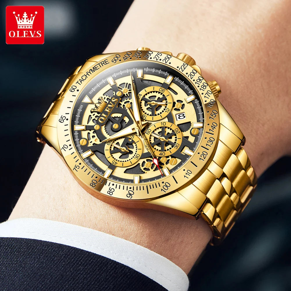 (Y101) OLEVS Gold Men's, Skeleton Design,Stainless Steel,Waterproof,Wristwatches.