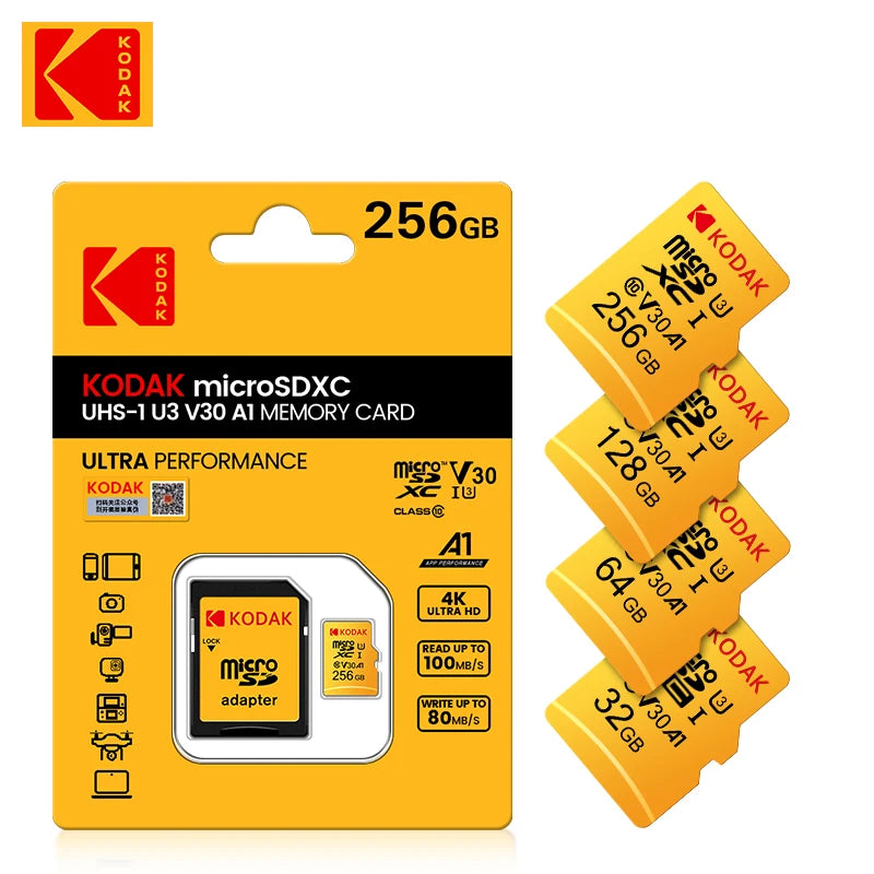 (D101) Original,Kodak U3 A1 V30 MicroSD Class 10,Memory Cards, 32GB,64GB,128GB,256GB.