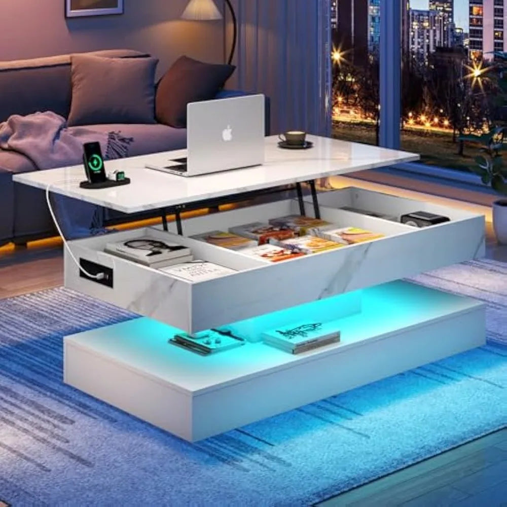 (I101) 47.2" Large, Lift Top, Coffee Table with Charging Station. LED Lit, Modern Shiny Center Table.