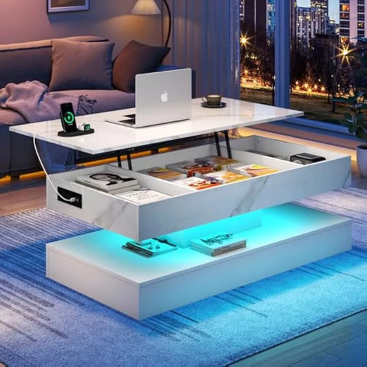 (I101) 47.2" Large, Lift Top, Coffee Table with Charging Station. LED Lit, Modern Shiny Center Table.