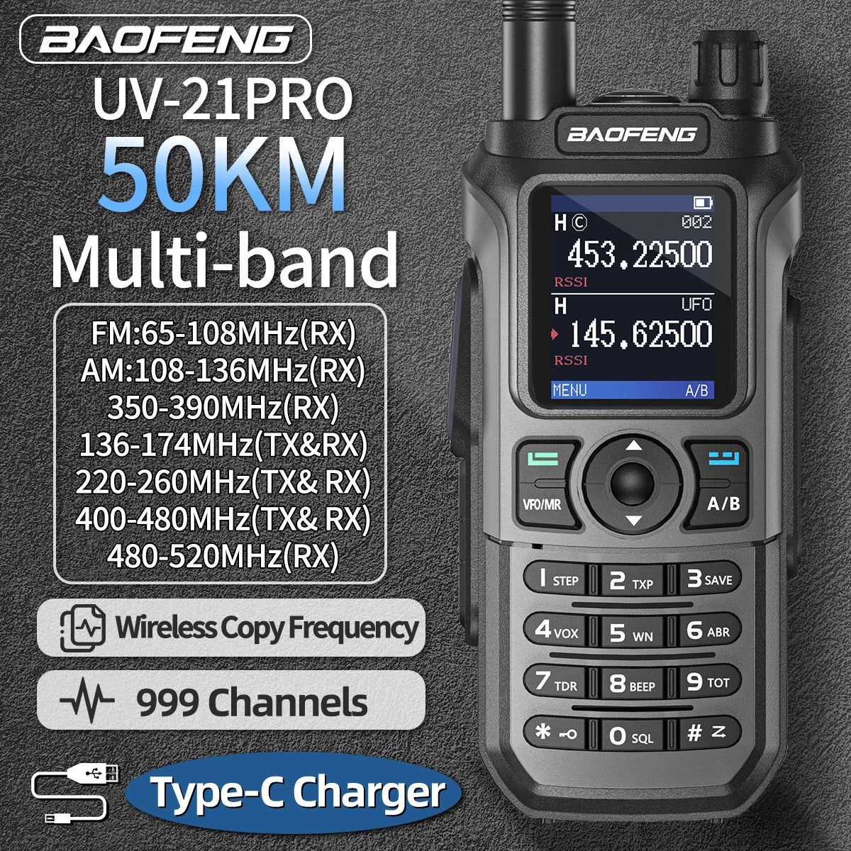 (T121) Baofeng,UV-21 Pro,50KM,999 Channels,Walkie Talkie, Flashlight,Waterproof.