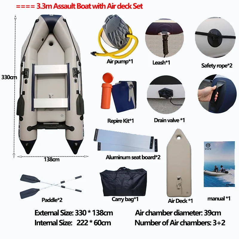 (W109) SolarMarine 2.3~4.0m Inflatable Assault Boat with Air Deck Set for 1~7 Persons,0.9mm Thick,Wear-Resistant.