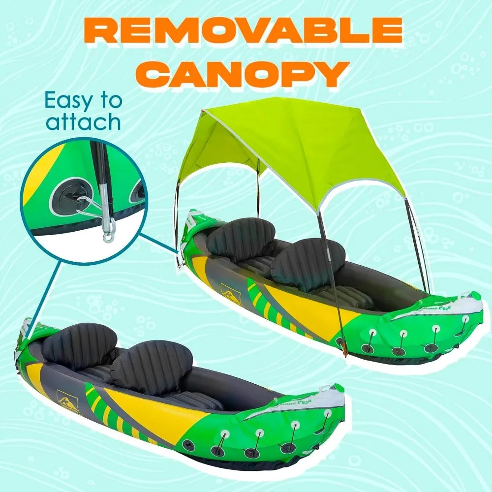 (W103) Tandem Inflatable Kayak With Detachable Sun Canopy for 2 Adults and a Small 3rd Seat for Child/Pet/Storage.