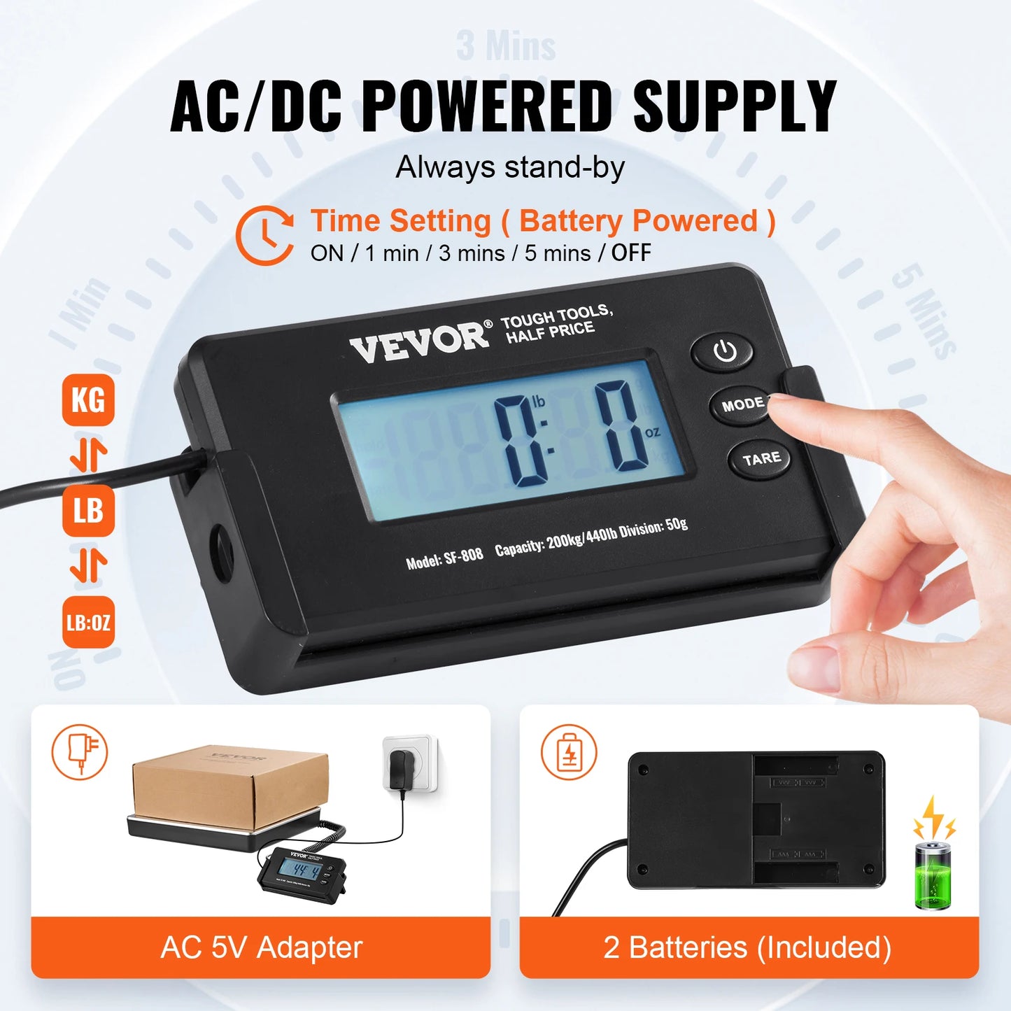 (T101) VEVOR,Digital Shipping Scale with Timer,Tare Function, Max.Wt.:440lbs.,HD,LCD Screen.