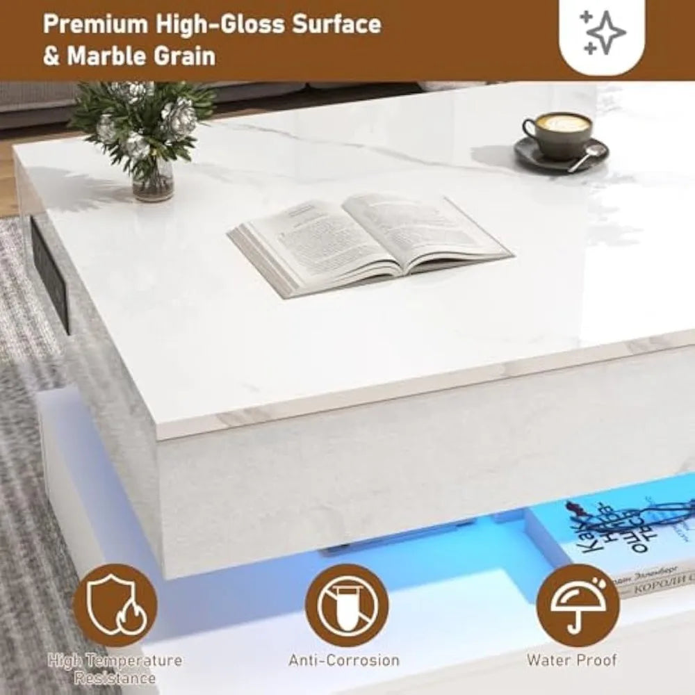 (I101) 47.2" Large, Lift Top, Coffee Table with Charging Station. LED Lit, Modern Shiny Center Table.