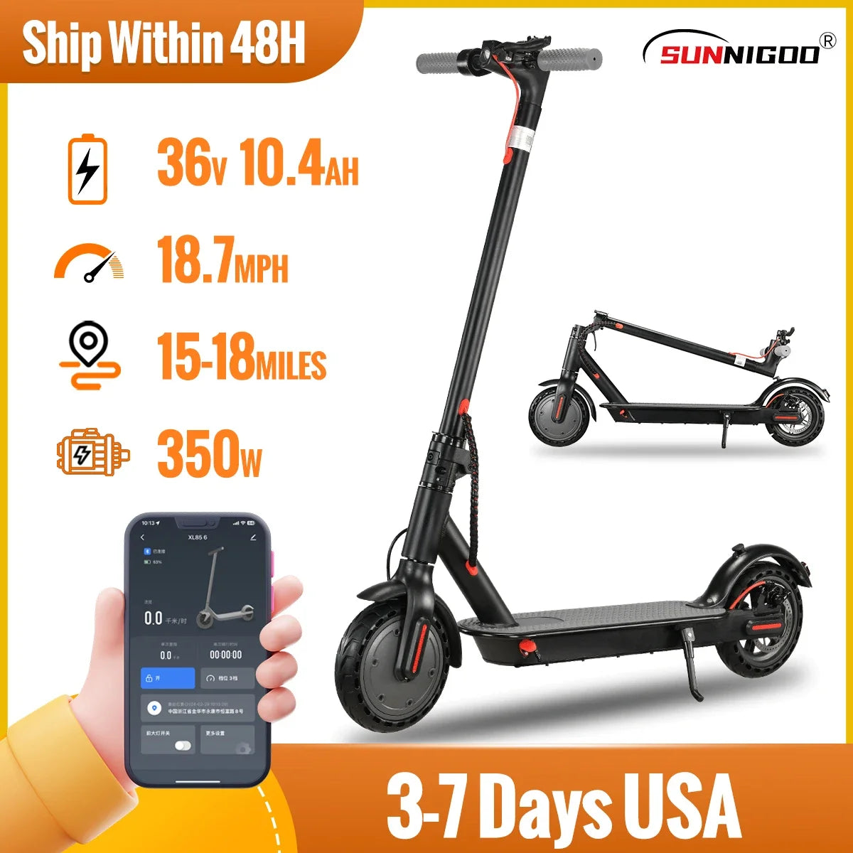 (V105) Adult, Electric Scooter, 36V, 10.4Ah, with APP, Long Range, 30km, 350W.