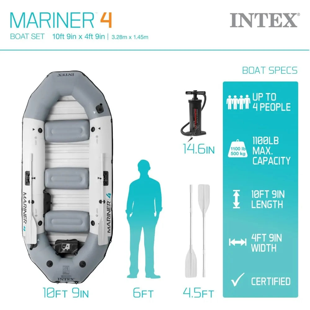 (W106) INTEX Mariner 4, Inflatable Boat Set:Deluxe 10'9" Boat With A Water-Resistant Keel,4'6"Oars And A Pump.