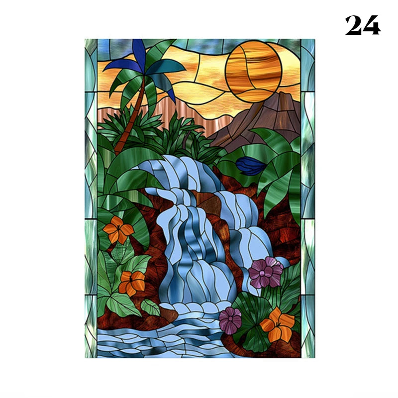 European Style Oil Painting Art Privacy Window Film Static Cling Vinyl Retro Stained Glass Film Home Bathroom Decor Stickers