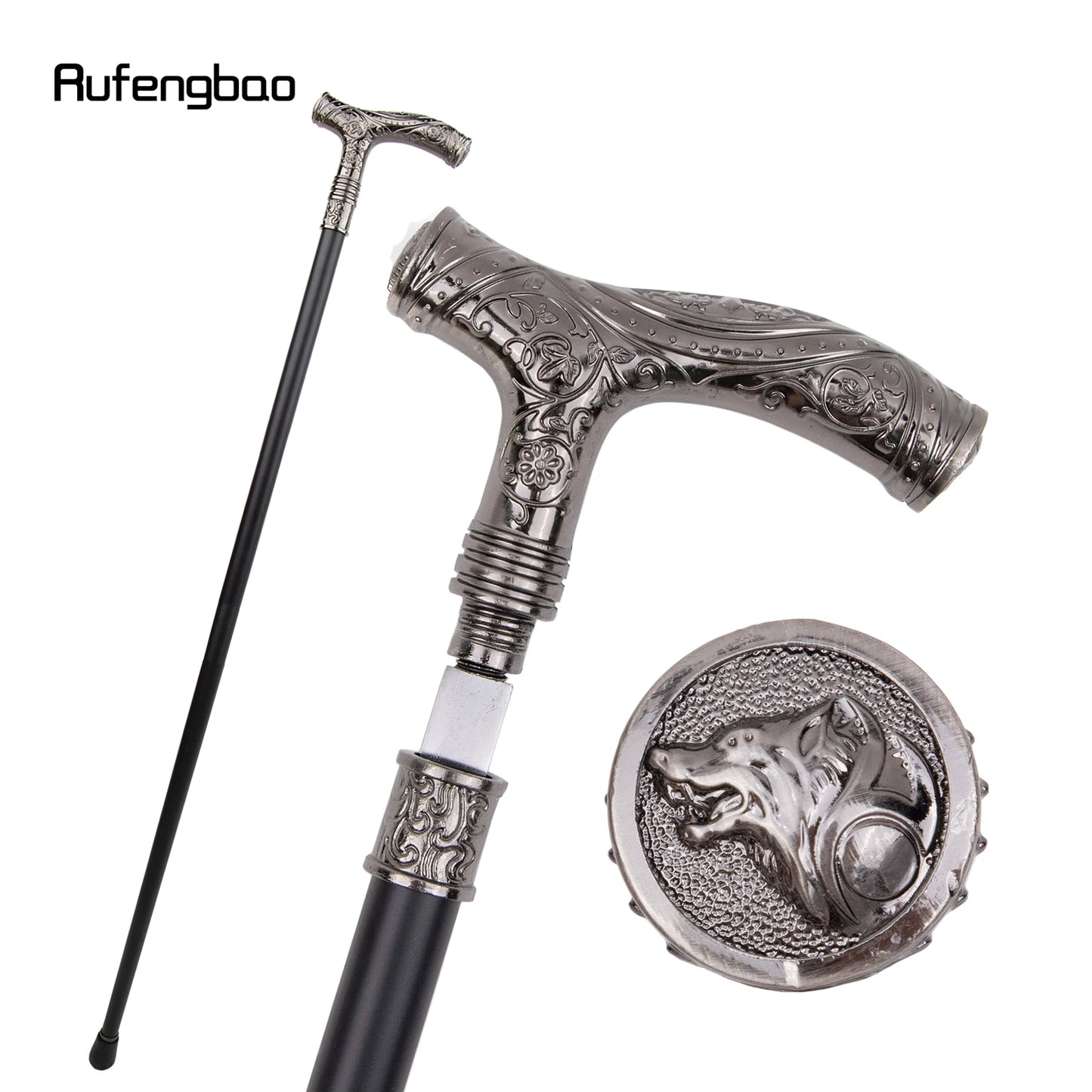 (S144) Silver Wolf Head Flower Single Joint Walking Stick with Hidden Plate Self Defense Fashion Cane  Cosplay Crosier 93cm