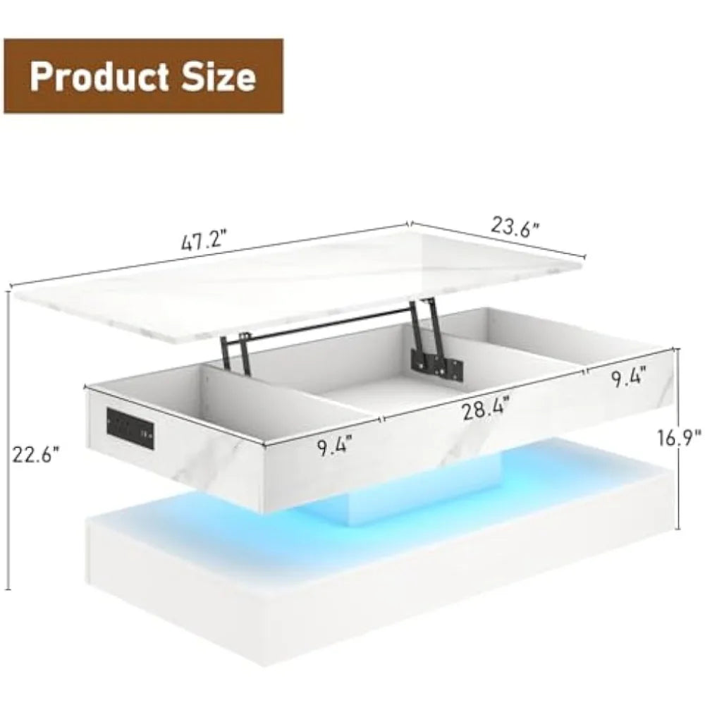 (I101) 47.2" Large, Lift Top, Coffee Table with Charging Station. LED Lit, Modern Shiny Center Table.