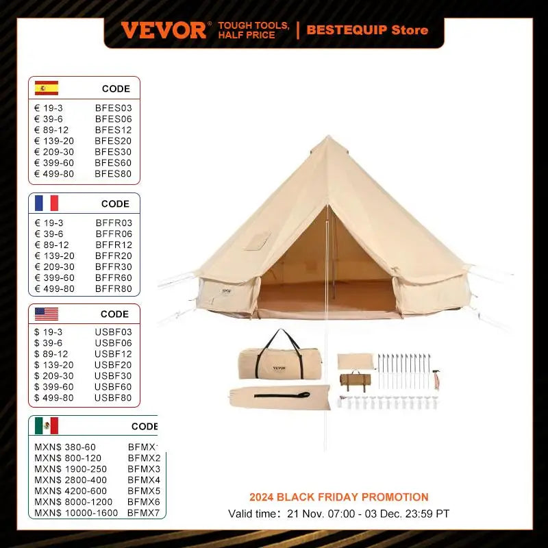 VEVOR Canvas Bell Tent 4 Seasons 3/4/5/6/7m Yurt Tent Canvas Tent for Camping with Stove Breathable Tent Holds up to 8 People