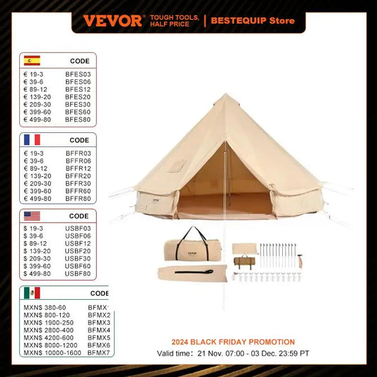 VEVOR Canvas Bell Tent 4 Seasons 3/4/5/6/7m Yurt Tent Canvas Tent for Camping with Stove Breathable Tent Holds up to 8 People