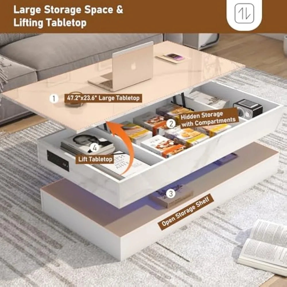 (I101) 47.2" Large, Lift Top, Coffee Table with Charging Station. LED Lit, Modern Shiny Center Table.