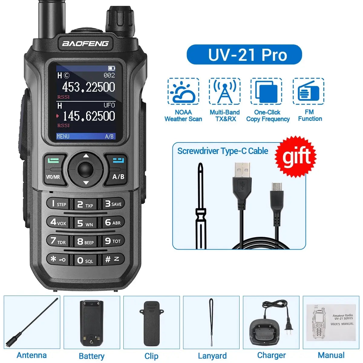 (T121) Baofeng,UV-21 Pro,50KM,999 Channels,Walkie Talkie, Flashlight,Waterproof.