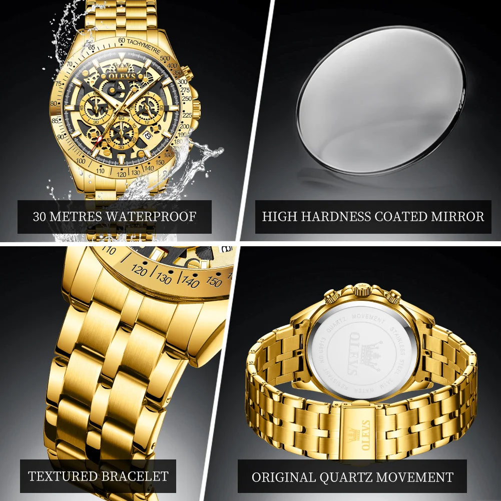 (Y101) OLEVS Gold Men's, Skeleton Design,Stainless Steel,Waterproof,Wristwatches.