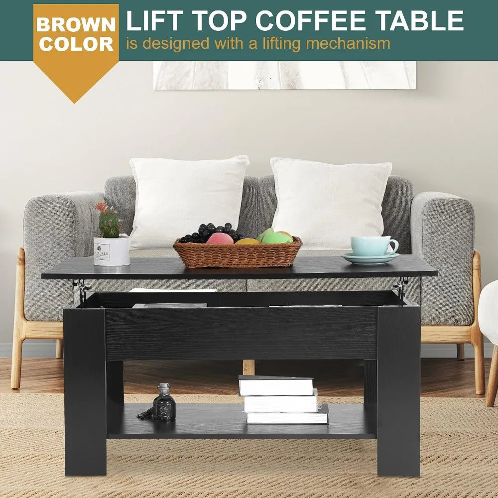 (I102) Lift Top Coffee Table with Hidden Compartment and Shelf.