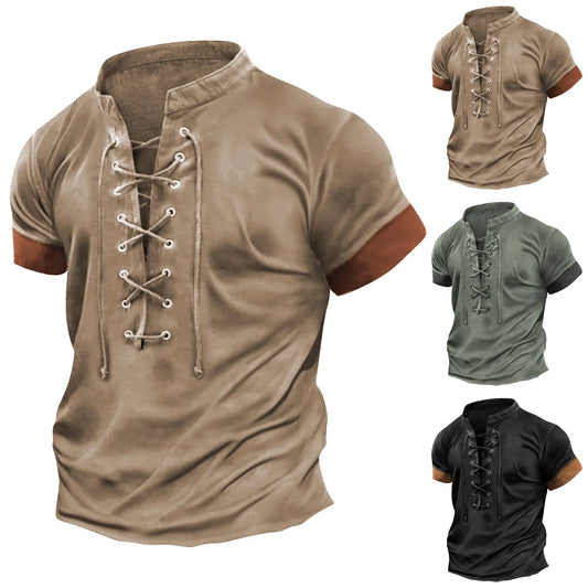 (Y106) Men's Casual,Short Sleeved,Lace-Up,Round Collar, Street-Top T-Shirts.