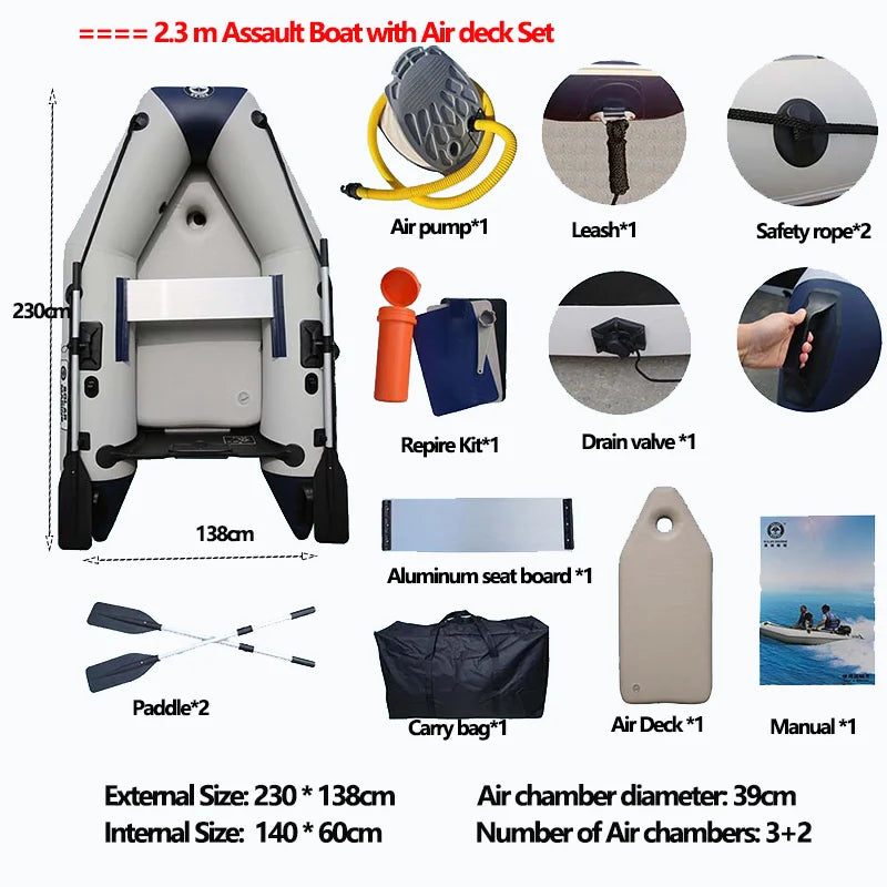 (W109) SolarMarine 2.3~4.0m Inflatable Assault Boat with Air Deck Set for 1~7 Persons,0.9mm Thick,Wear-Resistant.