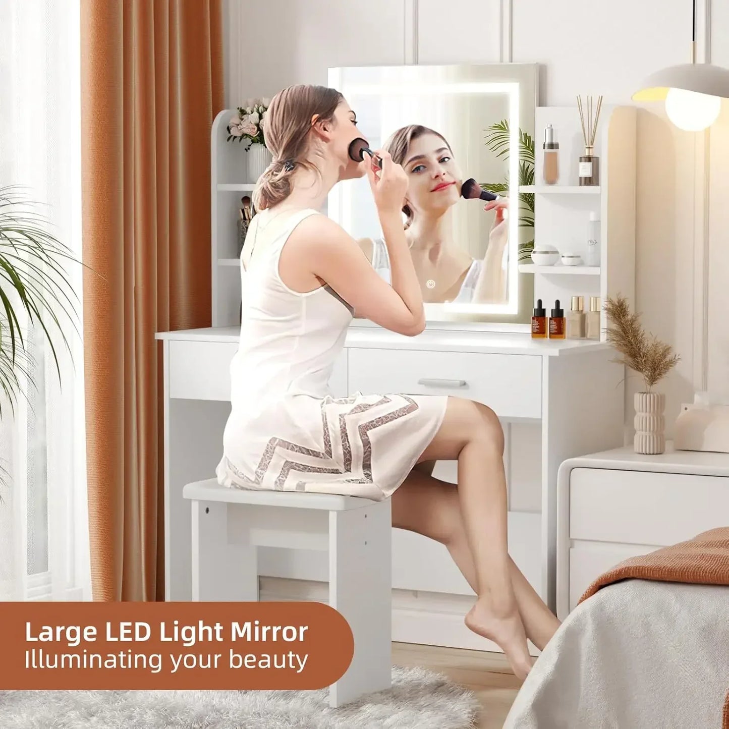 (I116) Lighted Mirror Vanity Desk With Adjustable 3 Color Light Options and 6 Storage Shelves.