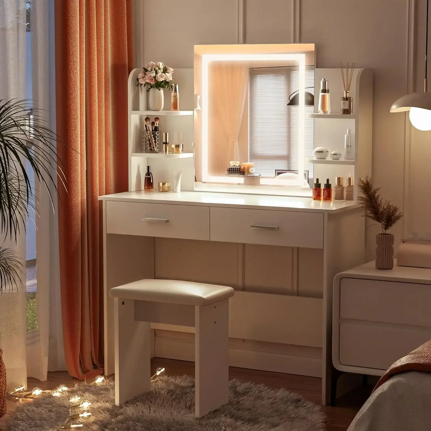 (I116) Lighted Mirror Vanity Desk With Adjustable 3 Color Light Options and 6 Storage Shelves.