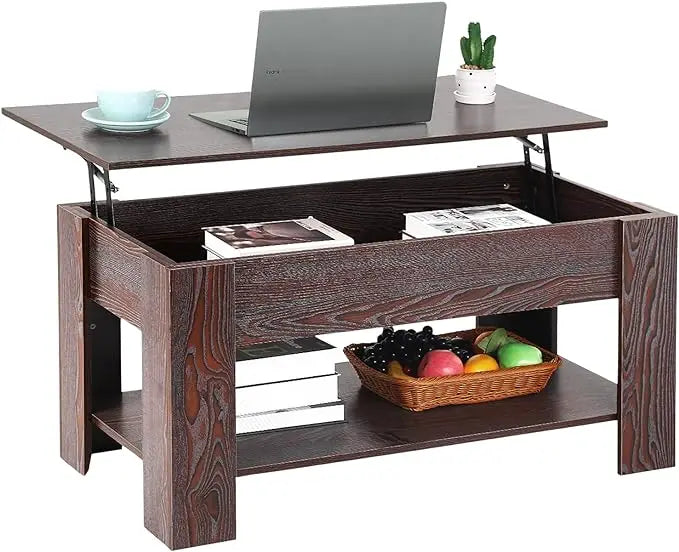 (I102) Lift Top Coffee Table with Hidden Compartment and Shelf.