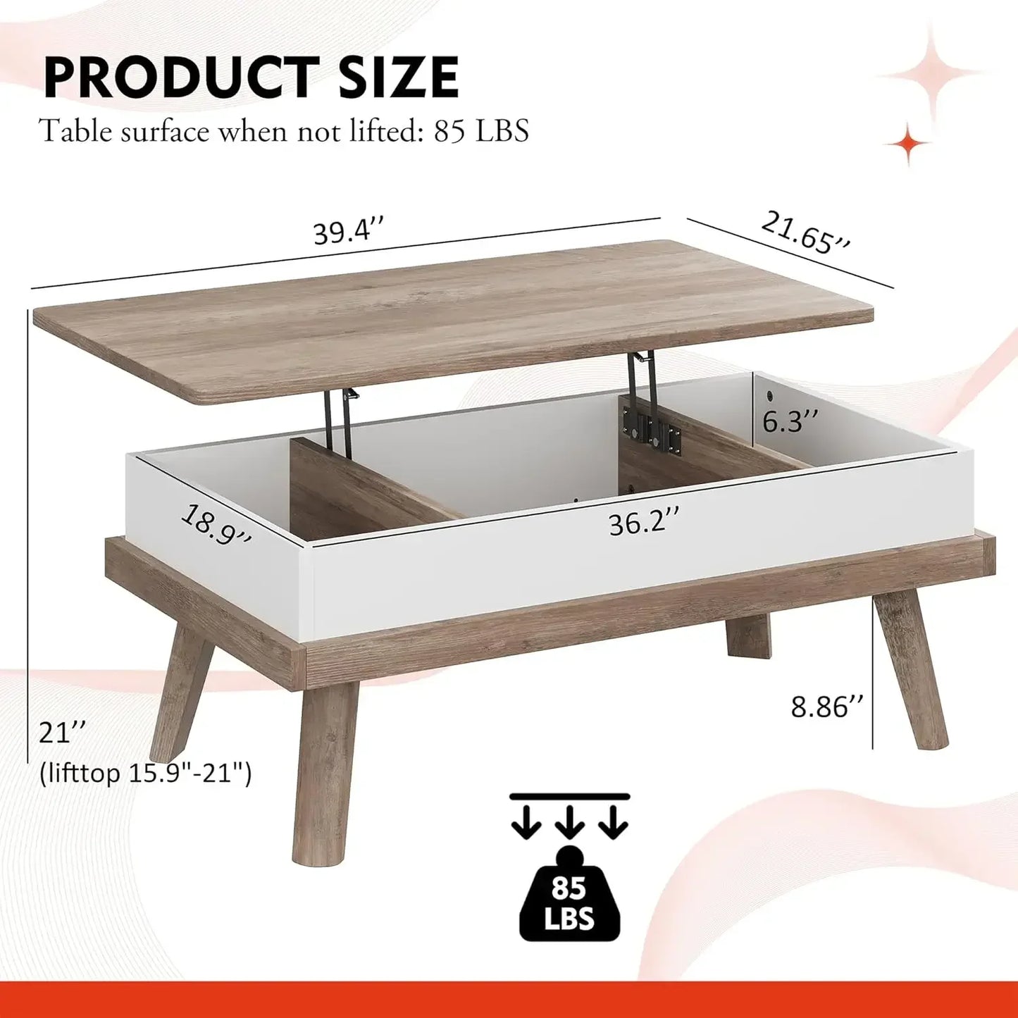 (I105) Wood, Lift Top, Coffee Table with Hidden Compartment for Living/Reception Room.