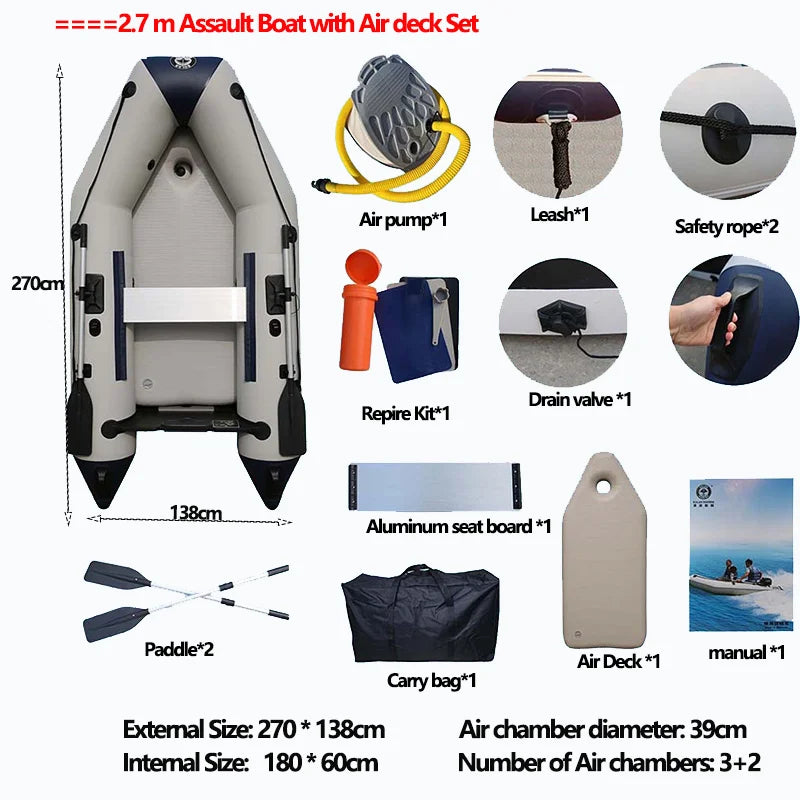 (W109) SolarMarine 2.3~4.0m Inflatable Assault Boat with Air Deck Set for 1~7 Persons,0.9mm Thick,Wear-Resistant.