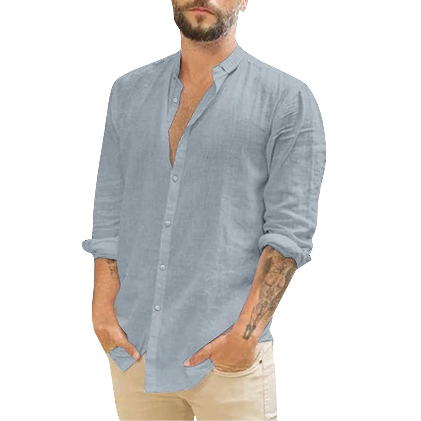 (Y105) Men's Casual,Plus Sized,Loose Cotton Collar,Long Sleeve,Button-Down Shirts.