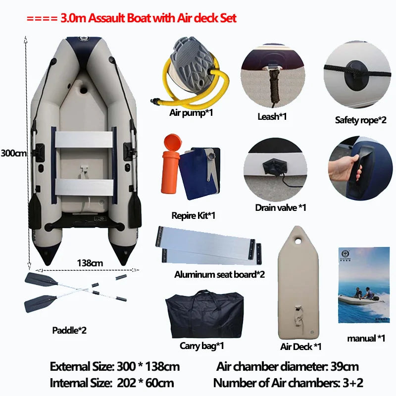 (W109) SolarMarine 2.3~4.0m Inflatable Assault Boat with Air Deck Set for 1~7 Persons,0.9mm Thick,Wear-Resistant.