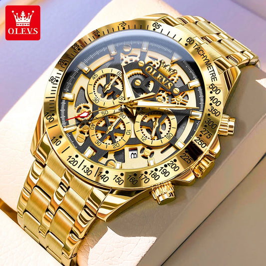 (Y101) OLEVS Gold Men's, Skeleton Design,Stainless Steel,Waterproof,Wristwatches.