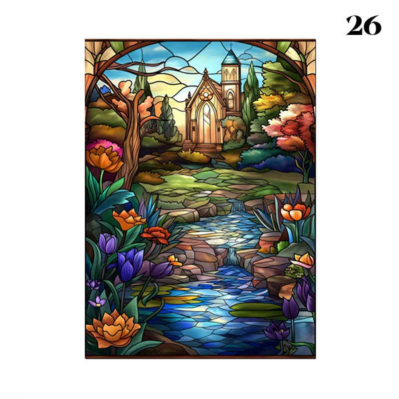 European Style Oil Painting Art Privacy Window Film Static Cling Vinyl Retro Stained Glass Film Home Bathroom Decor Stickers