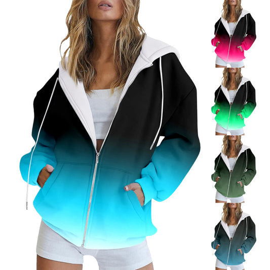 (X108) Women's Casual,Zip-Up, Hooded,Drawstring,Sweatshirts, W/Pockets And Gradient Colors.