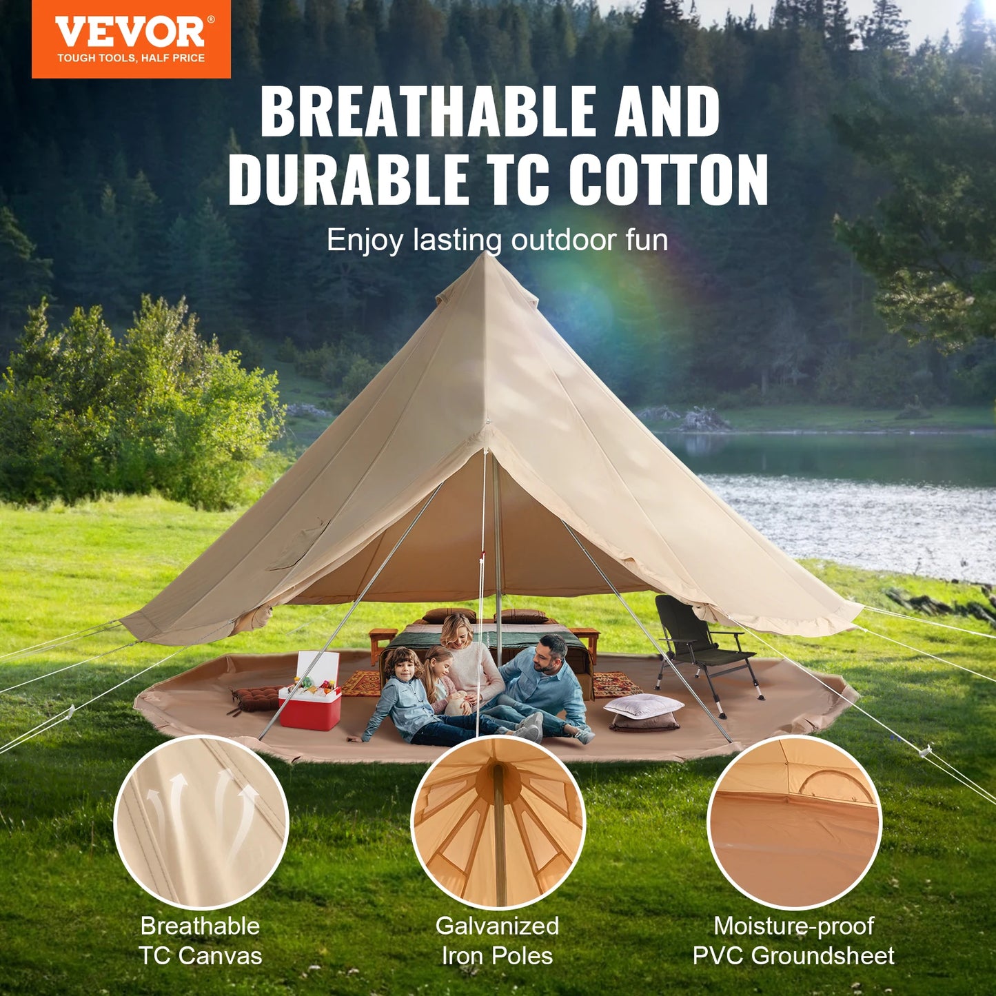 VEVOR Canvas Bell Tent 4 Seasons 3/4/5/6/7m Yurt Tent Canvas Tent for Camping with Stove Breathable Tent Holds up to 8 People