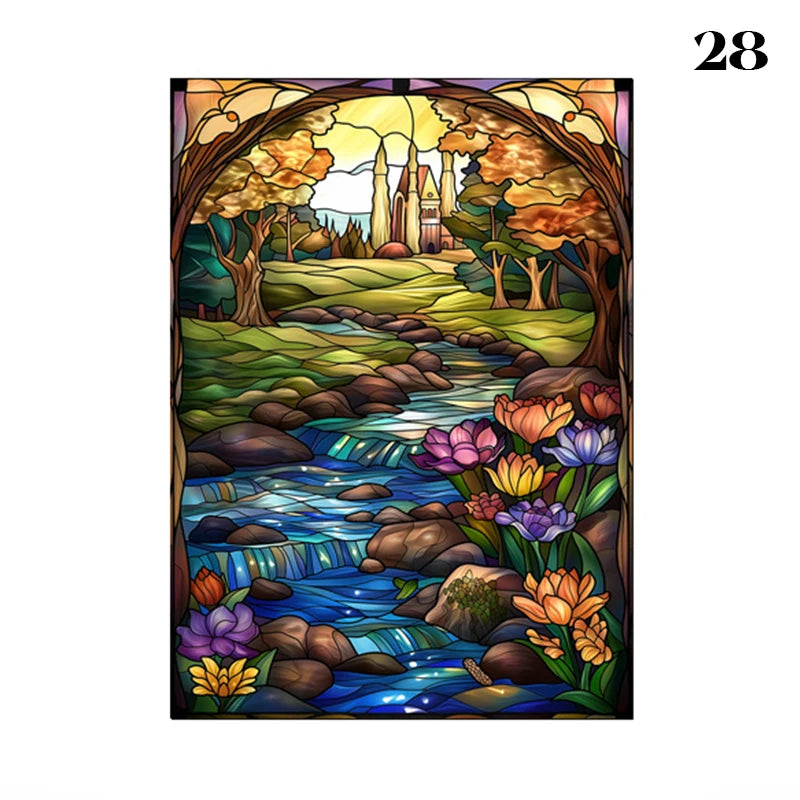 European Style Oil Painting Art Privacy Window Film Static Cling Vinyl Retro Stained Glass Film Home Bathroom Decor Stickers