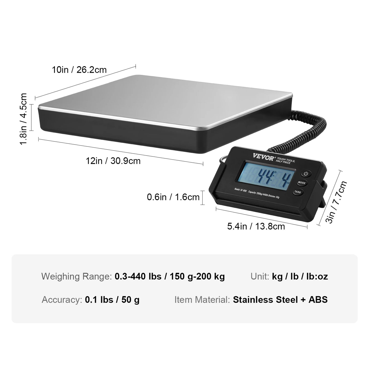 (T101) VEVOR,Digital Shipping Scale with Timer,Tare Function, Max.Wt.:440lbs.,HD,LCD Screen.