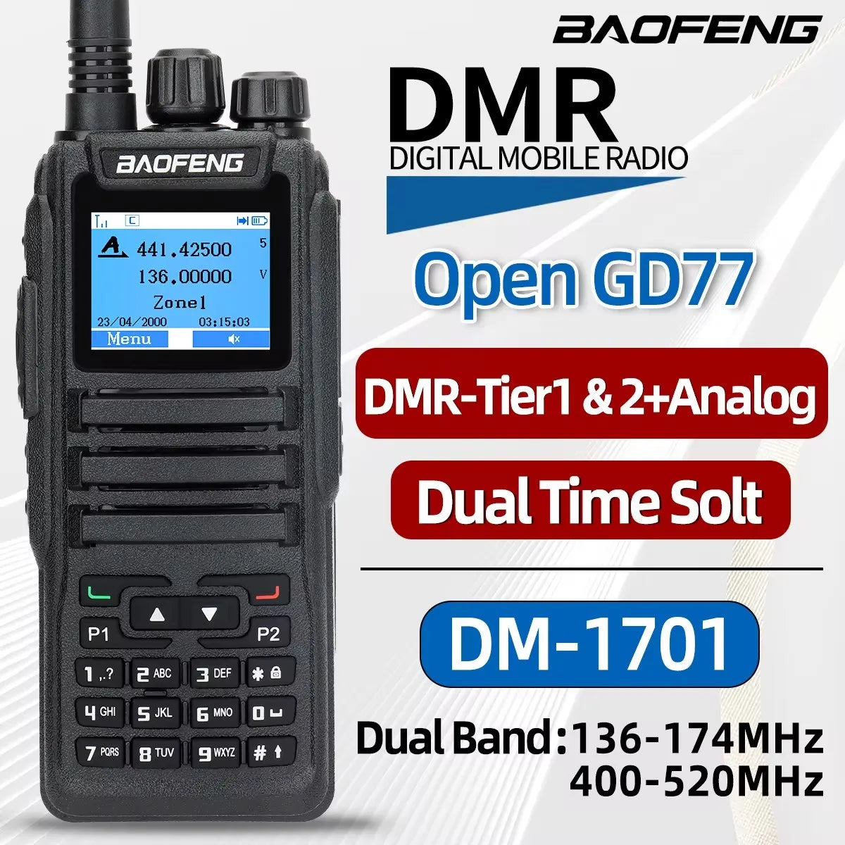 (T119) Baofeng,DMR DM-1701 Digital Dual Mode,Analog Two Way Radio,Dual Time Slot Tier 1+2 Ham Radio DR 1801.