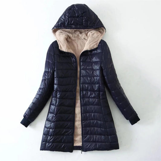 (X104) Women's Hooded, Zippered Fleece Down Overcoat, Thickened,Comfortable,Fuzzy.