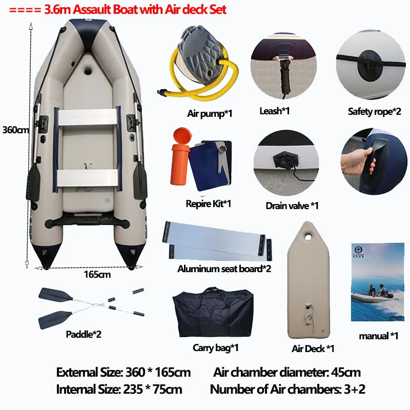 (W109) SolarMarine 2.3~4.0m Inflatable Assault Boat with Air Deck Set for 1~7 Persons,0.9mm Thick,Wear-Resistant.