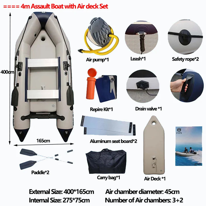 (W109) SolarMarine 2.3~4.0m Inflatable Assault Boat with Air Deck Set for 1~7 Persons,0.9mm Thick,Wear-Resistant.