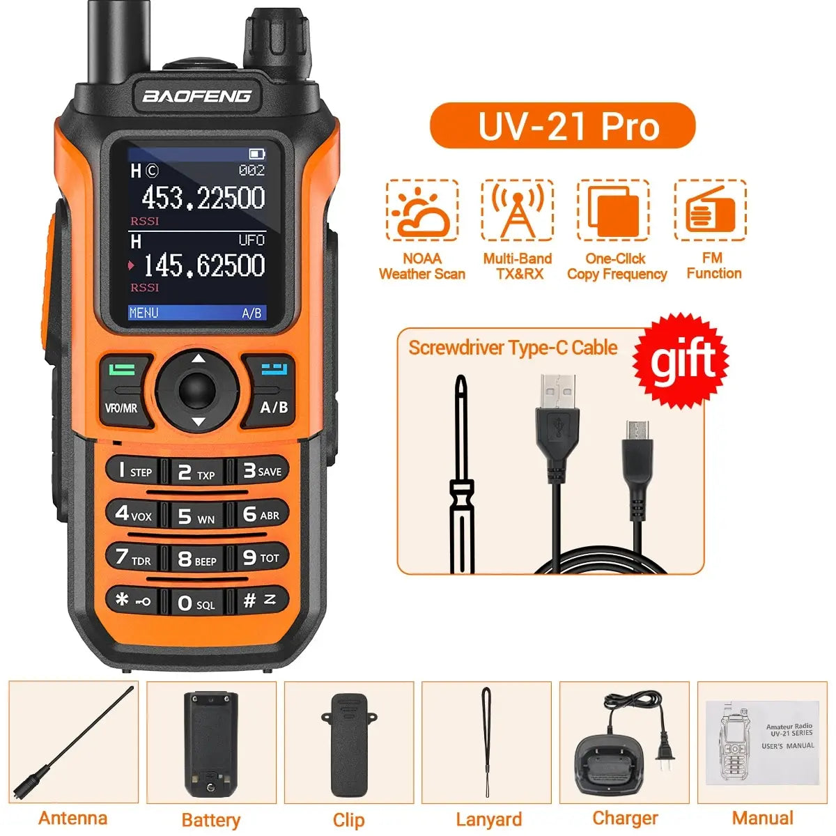 (T121) Baofeng,UV-21 Pro,50KM,999 Channels,Walkie Talkie, Flashlight,Waterproof.