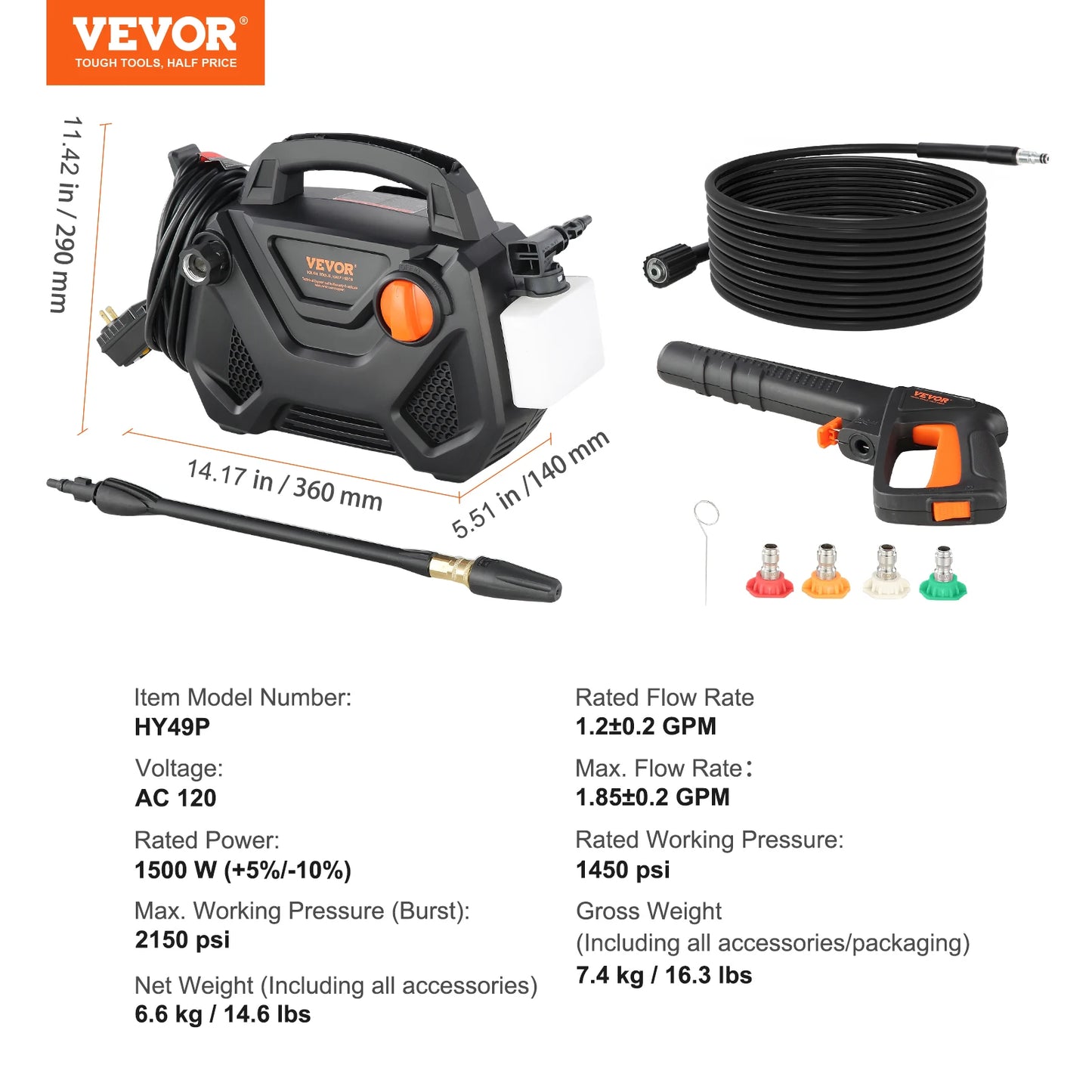 (T127) VEVOR,Electric Pressure Washer, 2150PSI,1.85-GPM,Foam Cannon, With 5 Different Nozzles, 20'Hose,35'Cord.