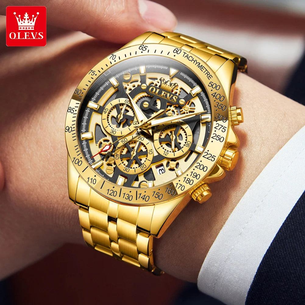 (Y101) OLEVS Gold Men's, Skeleton Design,Stainless Steel,Waterproof,Wristwatches.