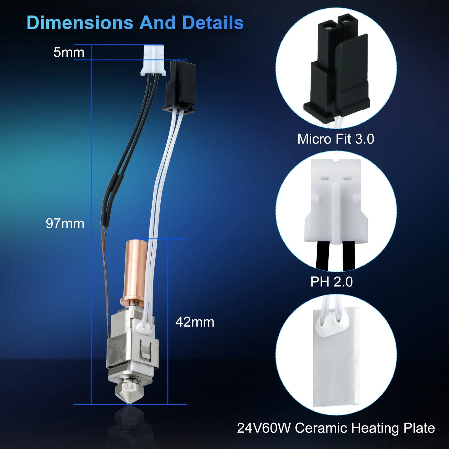 (T116) Hotend Upgrade For ANYCUBIC,3D Printers,Kobra 2, Max,Pro,3,High-Speed,24V, 60w,Ceramic Heater,Thermistor.