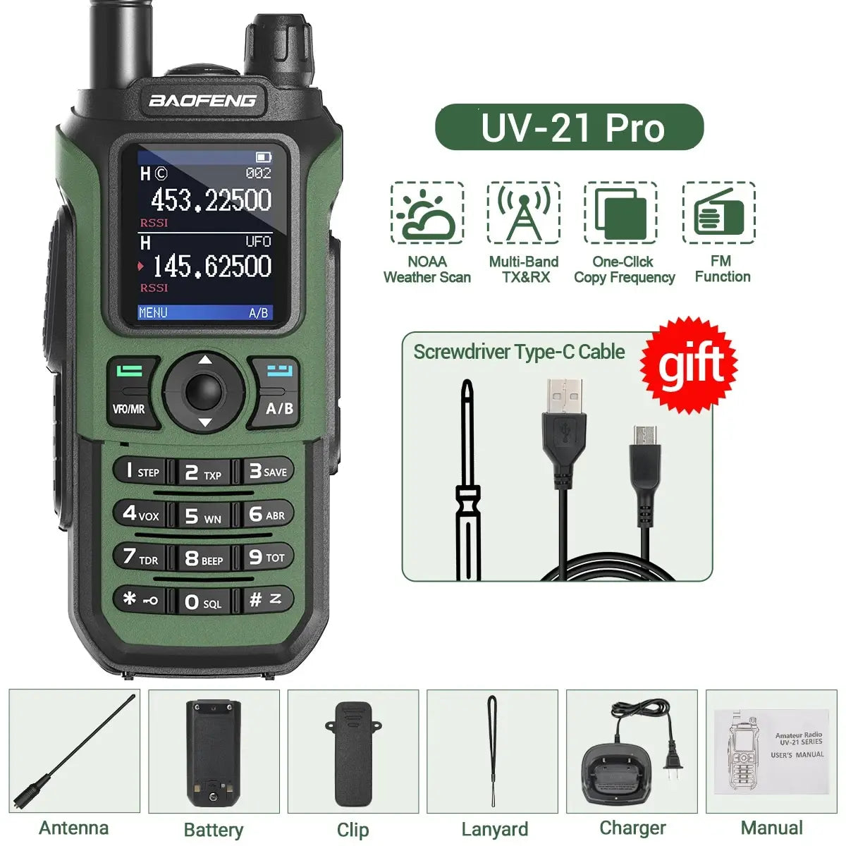 (T121) Baofeng,UV-21 Pro,50KM,999 Channels,Walkie Talkie, Flashlight,Waterproof.