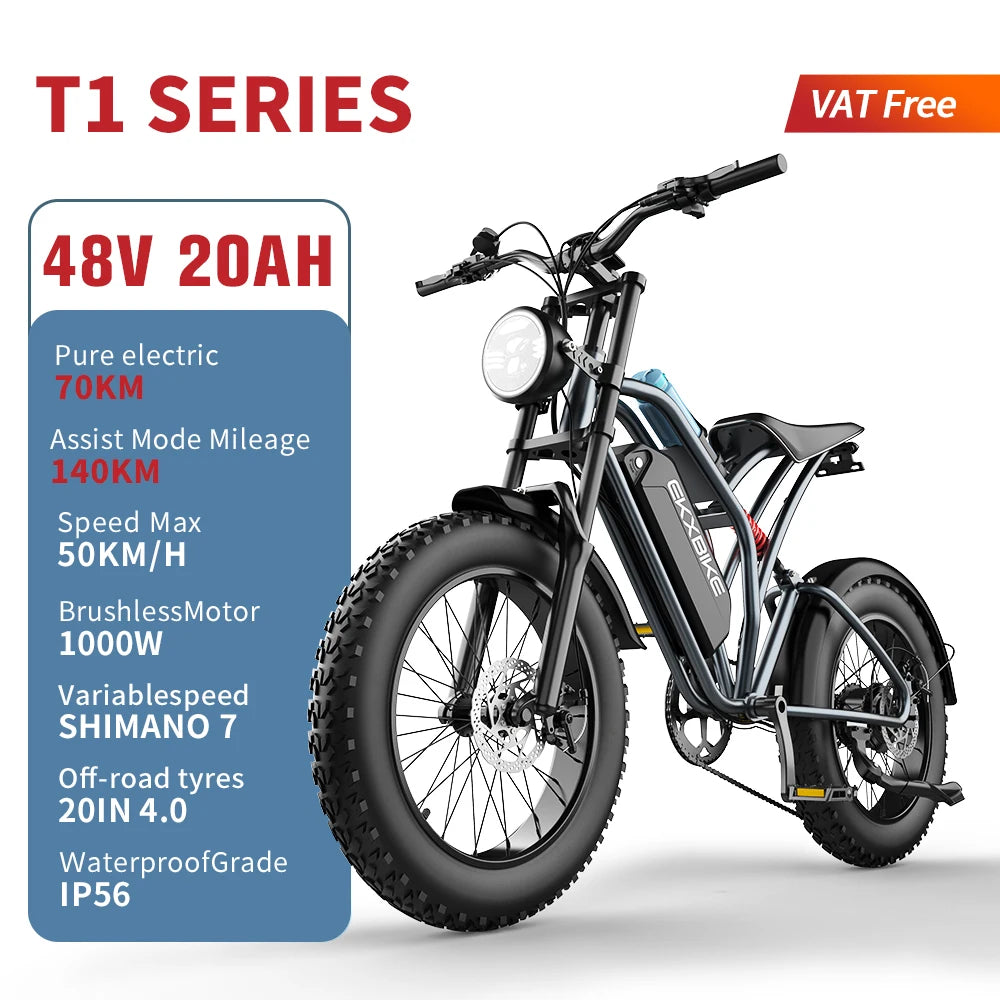 (V110) EKX T1 eBike,Fat Tire,1000W Motor,48V20AH Lithium Battery,Adult,Waterproof Mountain eBike.