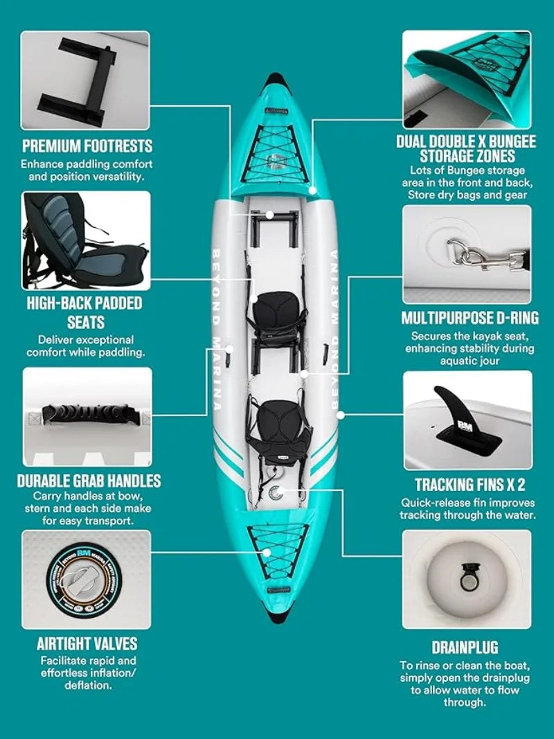 (W101) Adventurer 12.5ft.Adult Inflatable Tandem Kayak with Drop Stitch Floor and Paddles.