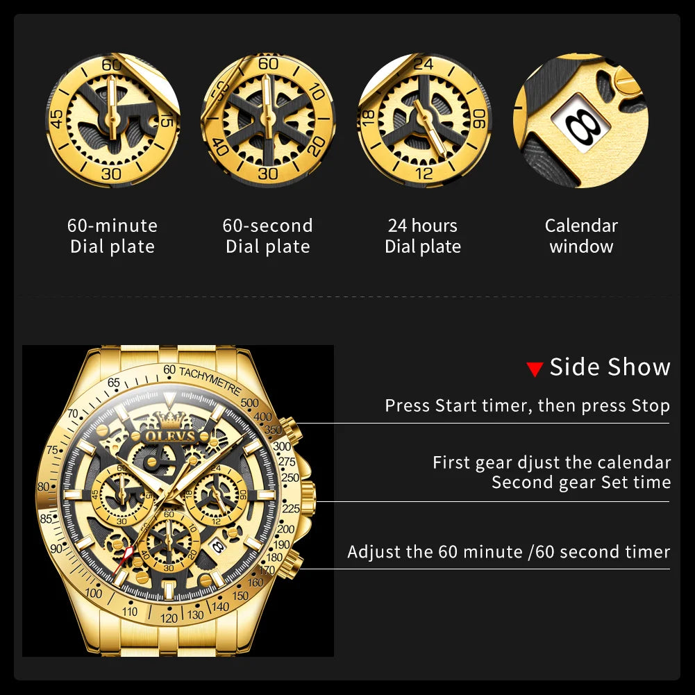 (Y101) OLEVS Gold Men's, Skeleton Design,Stainless Steel,Waterproof,Wristwatches.