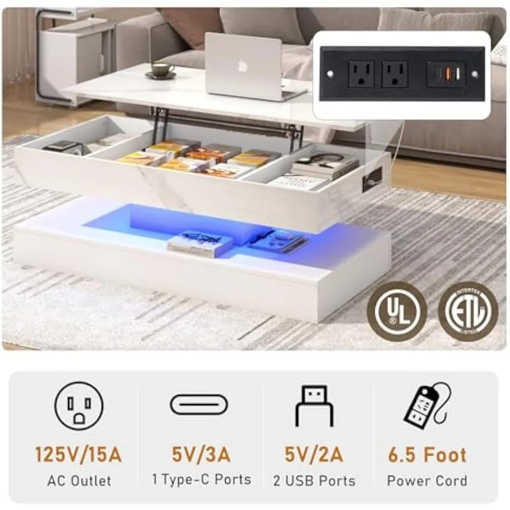 (I101) 47.2" Large, Lift Top, Coffee Table with Charging Station. LED Lit, Modern Shiny Center Table.